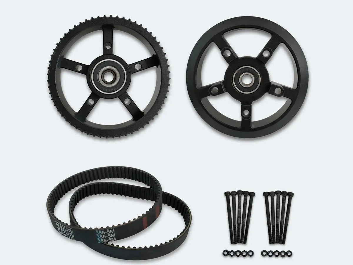 OMW 60T CNC alloy pulley set with bearings, two 355-5M belts and mounting hardware