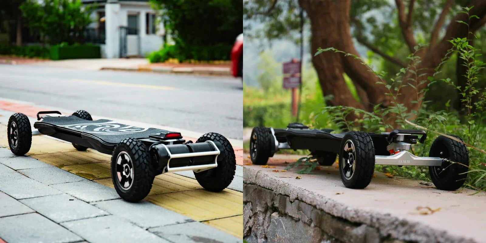 OMW Cavalry and Hussar electric skateboards shown side by side