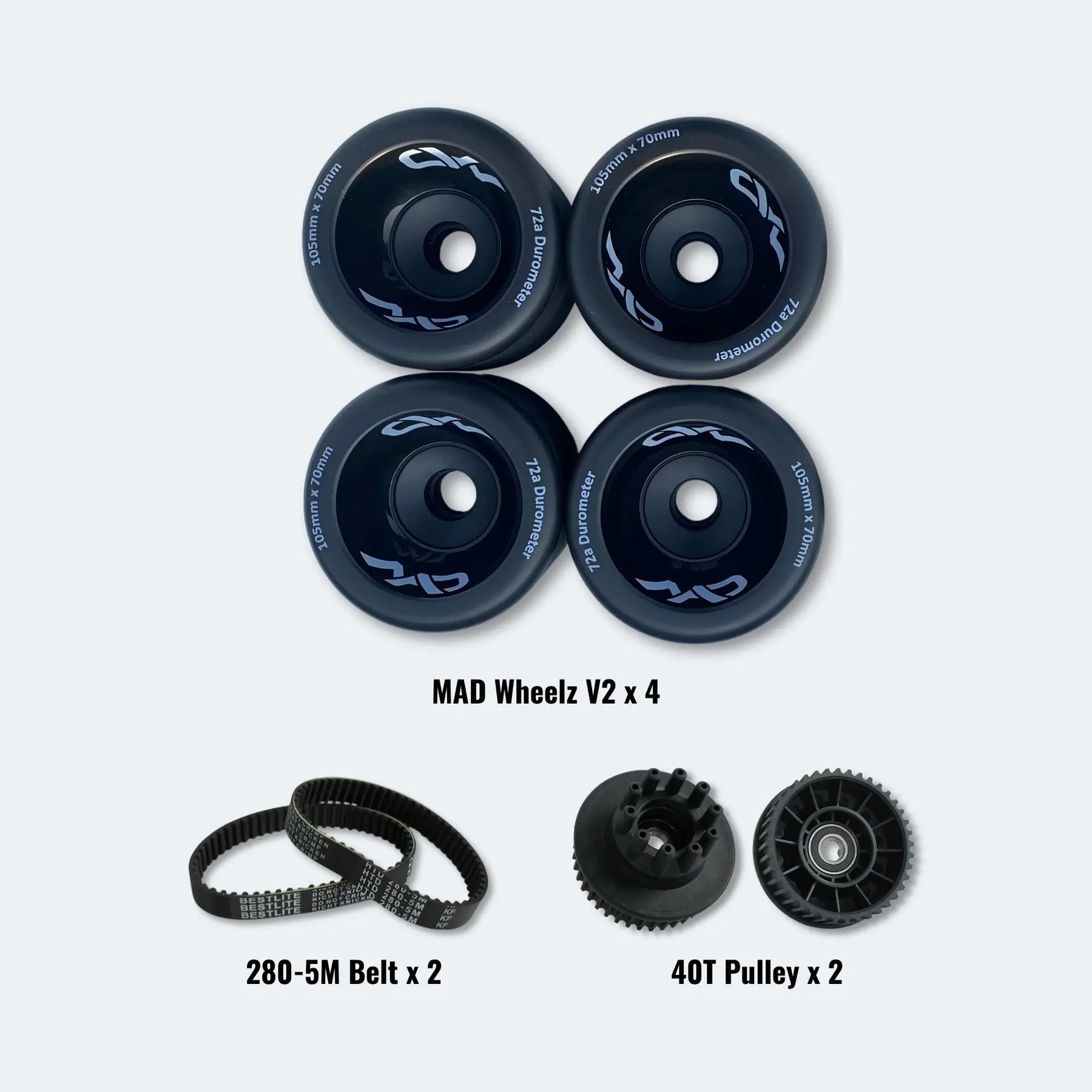 Set of 105mm MAD Wheelz V2 wheels, 280-5M belt, and 40T pulley on a white background