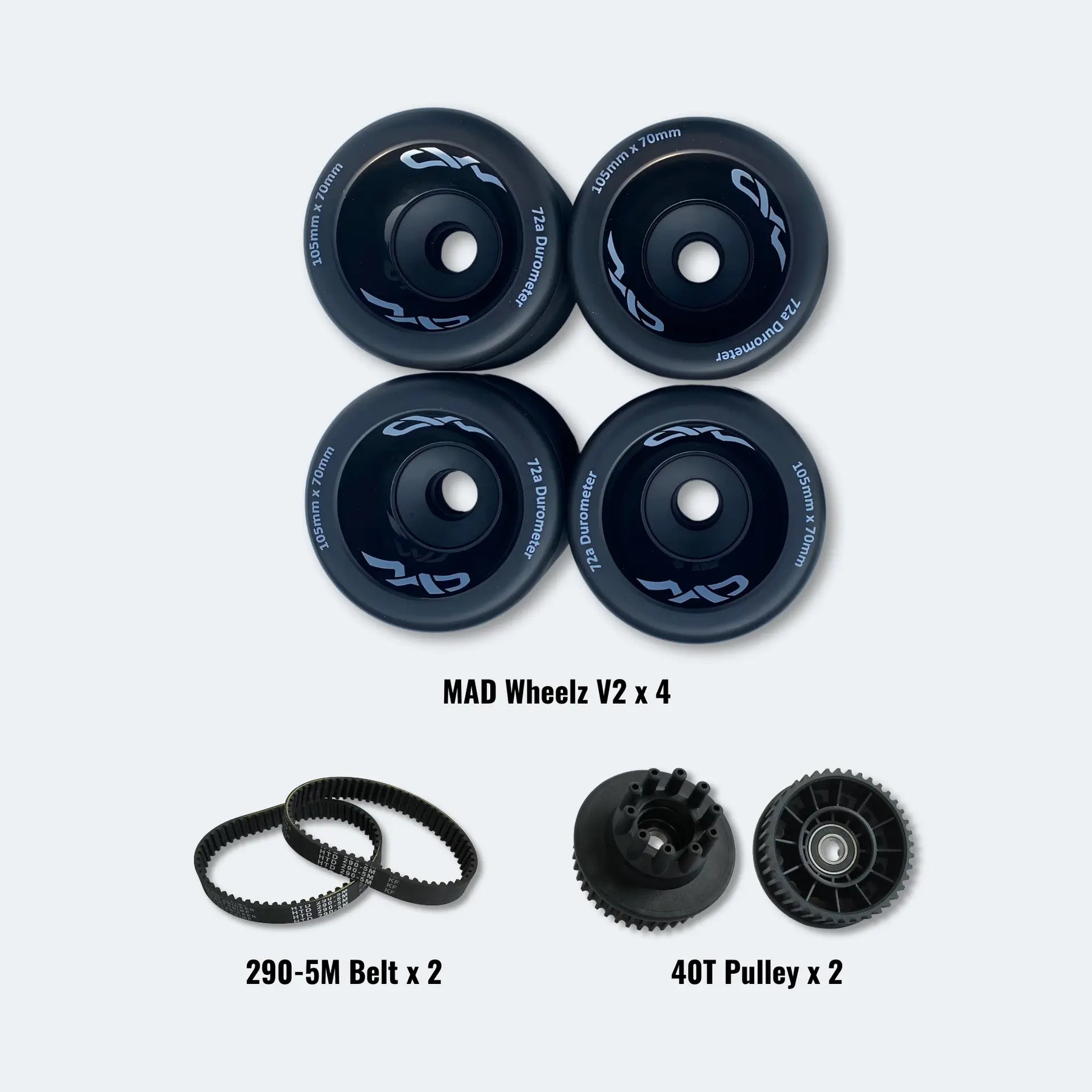 Set of 105mm MAD Wheelz V2 wheels, 290-5M belt, and 40T pulley on a white background