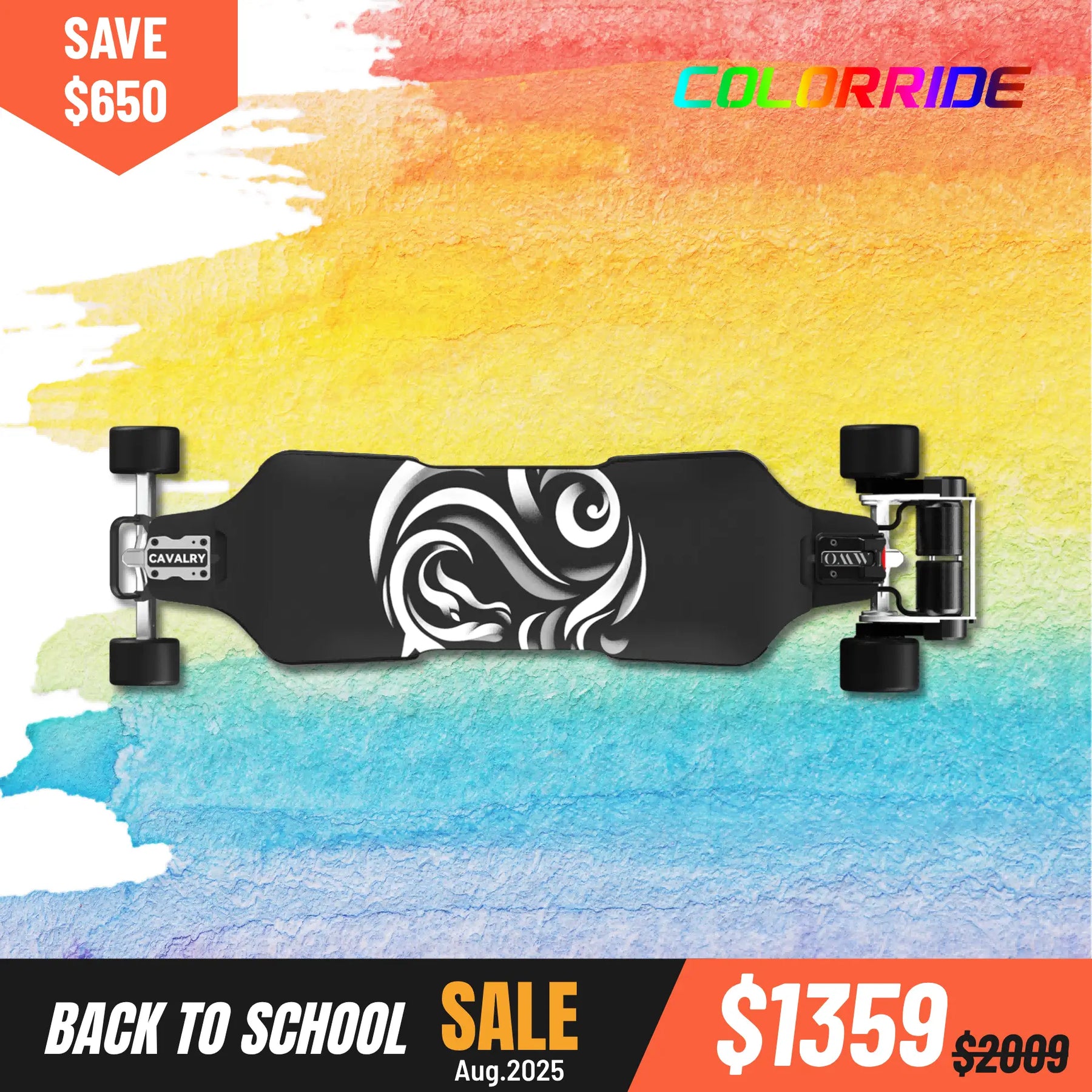 Cavalry electric skateboard with MAD MAX 125 on a colorful watercolor background, featuring a back to school sale