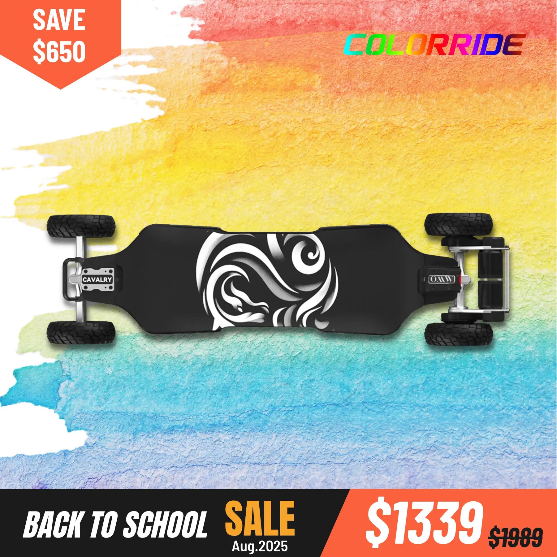Cavalry electric skateboard with 175mm Pneumatic wheels on a colorful watercolor background, featuring a back to school sale