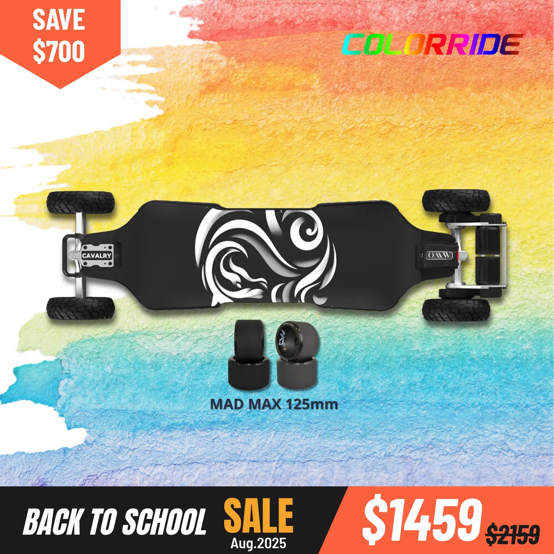 Cavalry electric skateboard with 2IN1 (175mm Pneumatic wheels & MAD MAX 125) on a colorful watercolor background, featuring a back to school sale