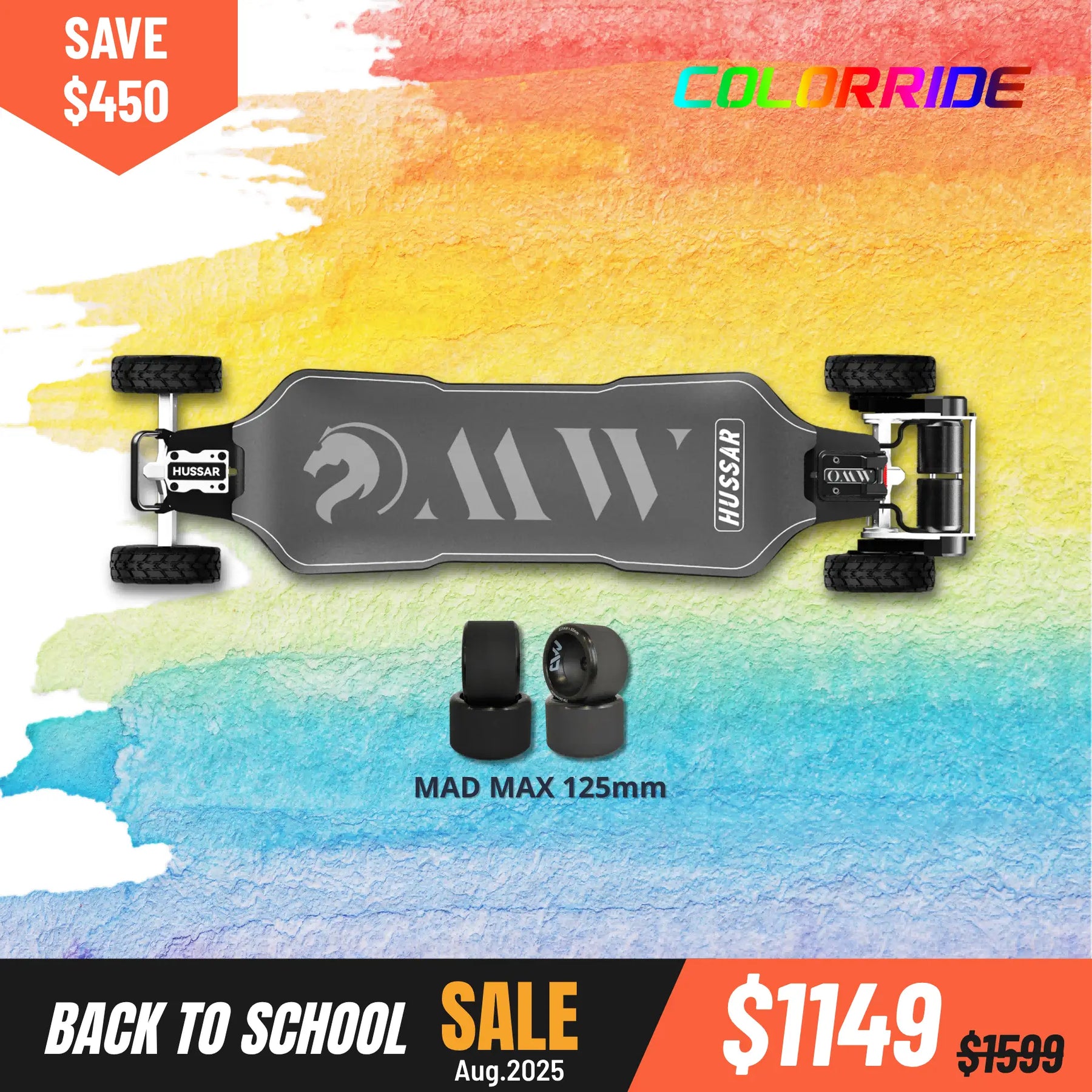 Hussar electric skateboard with 2IN1 (150mm Pneumatic wheels & MAD MAX 125) on a colorful watercolor background, featuring a back to school sale
