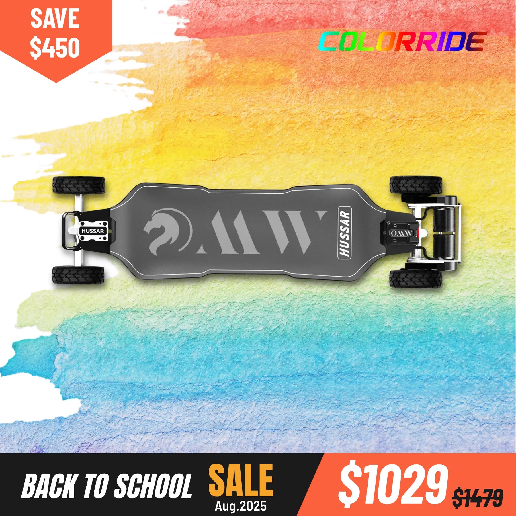 Hussar electric skateboard with 150mm Pneumatic wheels on a colorful watercolor background, featuring a back to school sale
