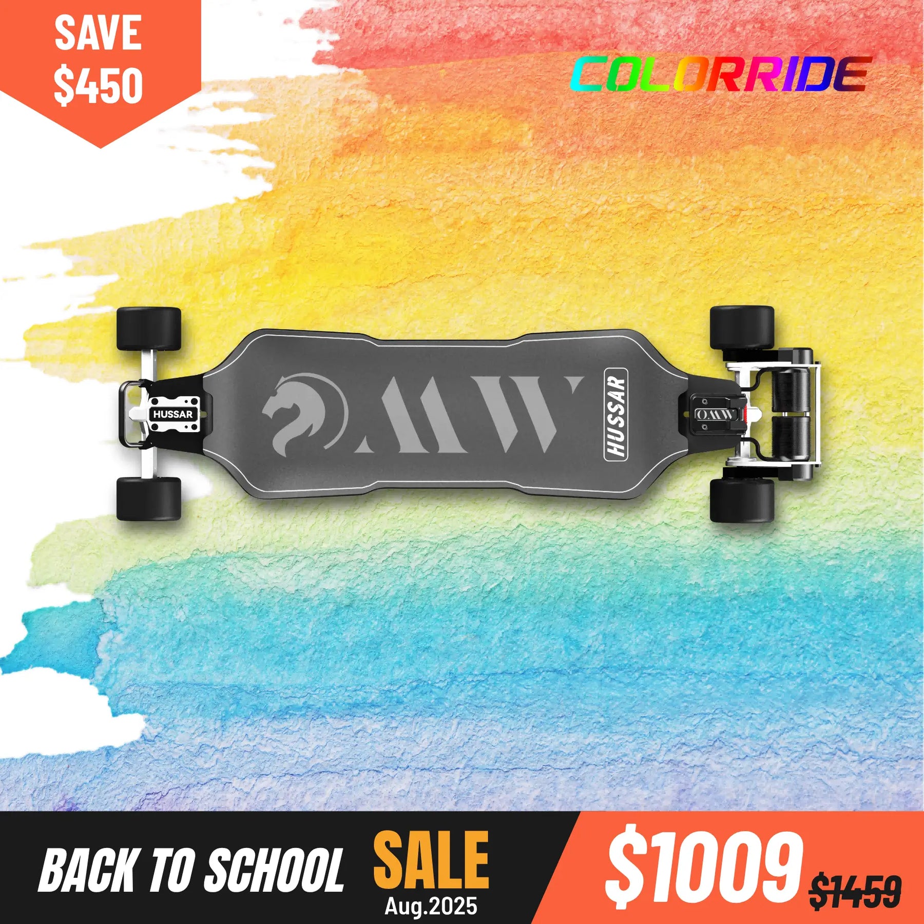 Hussar electric skateboard with 105 Mad Wheelz V2 on a colorful watercolor background, featuring a sale promotion.