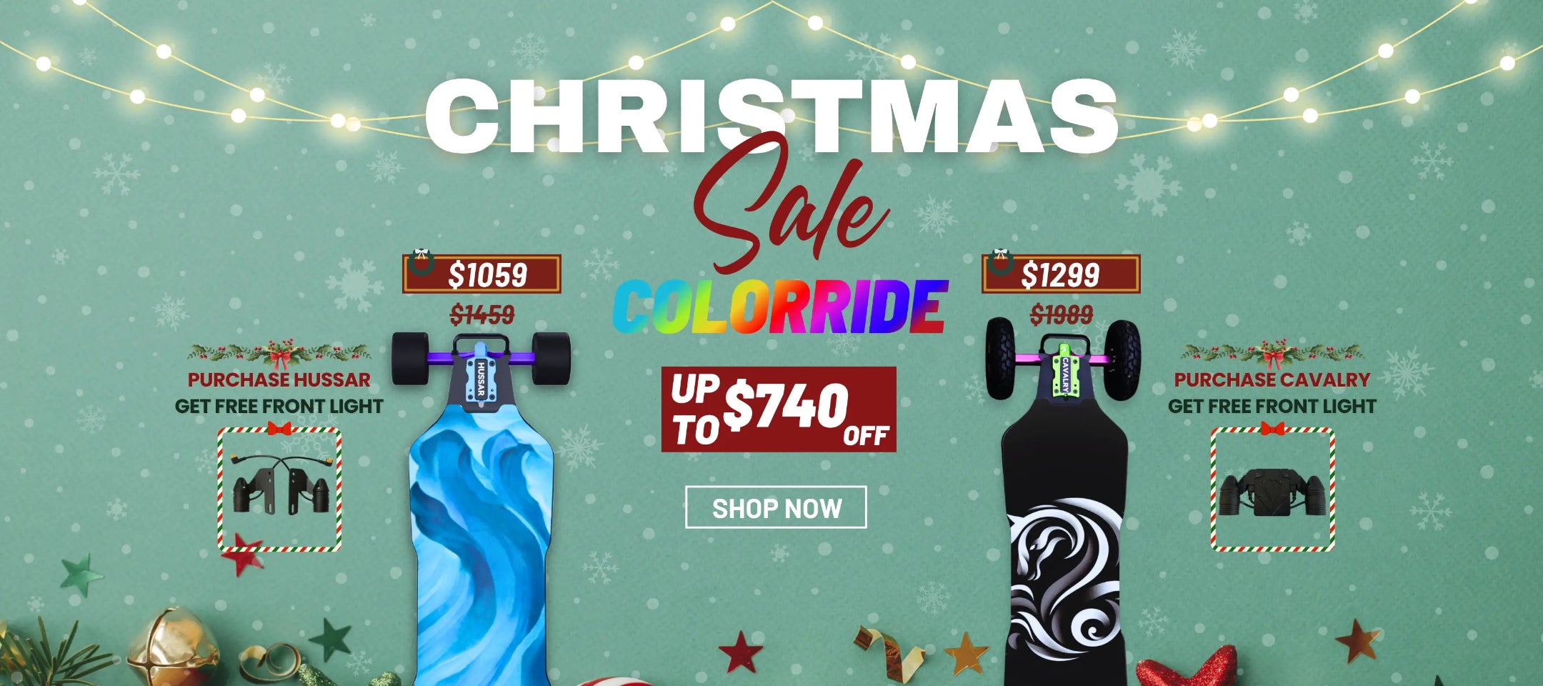 Promotional graphic for ColorRide skateboards with Christmas sale