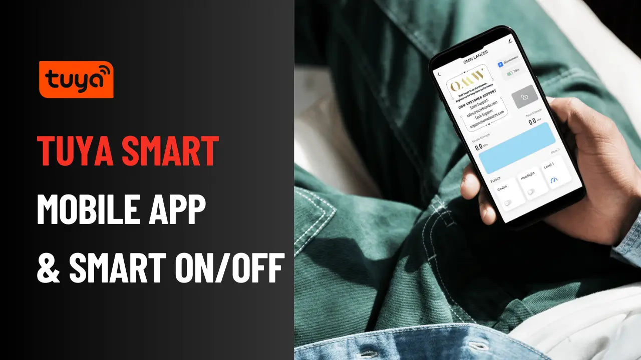 Person holding a smartphone using the Tuya Smart app to control smart devices.
