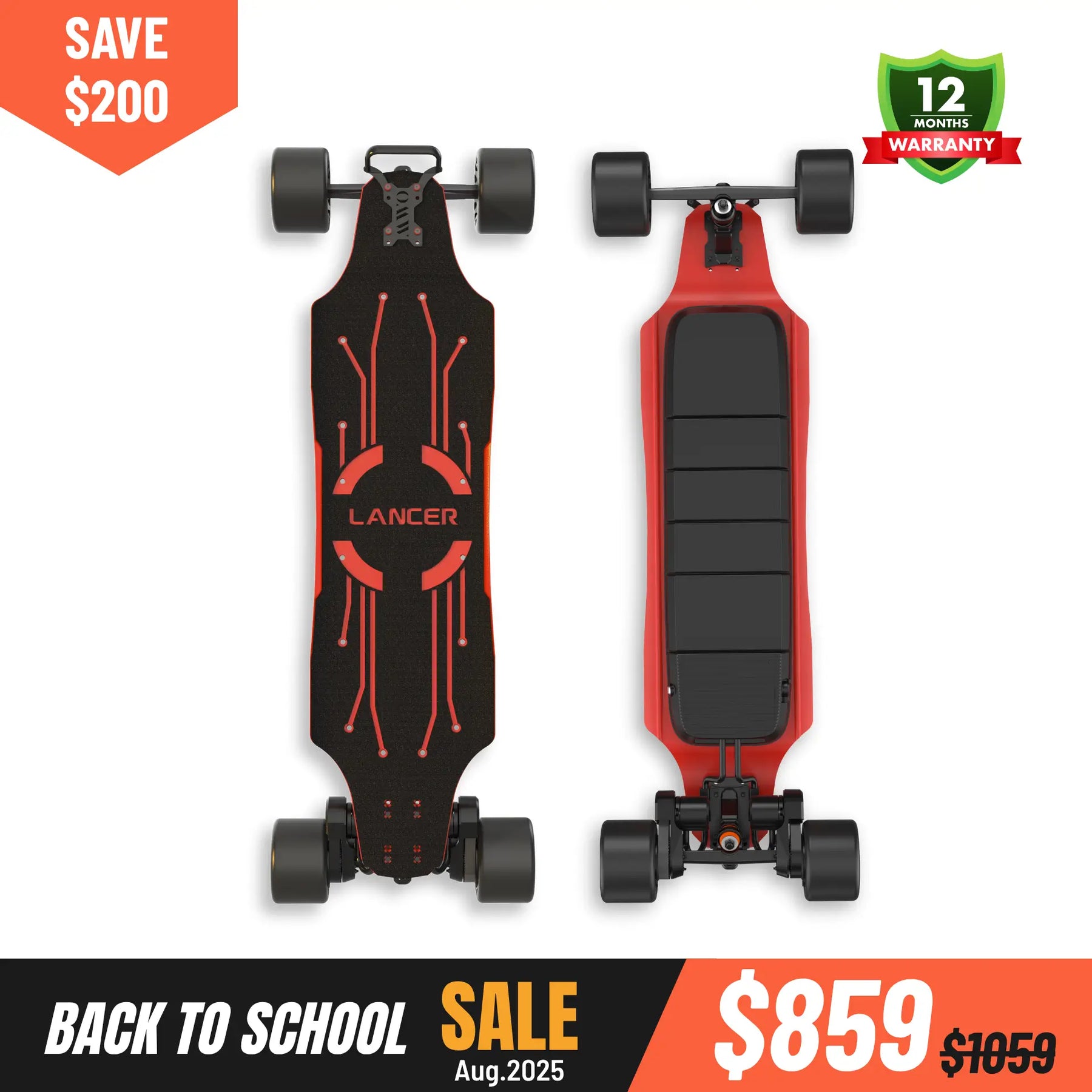 Lancer electric longboard with red deck and 125 Mad Max