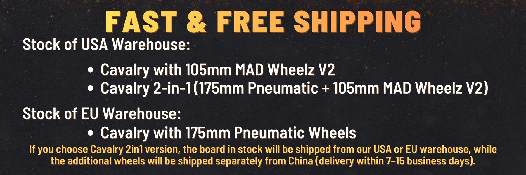 Text detailing fast and free shipping options for Cavalry models with different wheel types.