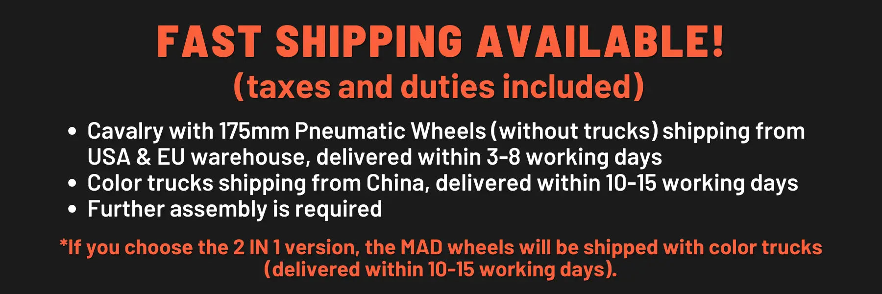 Text overlay with fast shipping information and product details for OMW Cavalry electric skateboard
