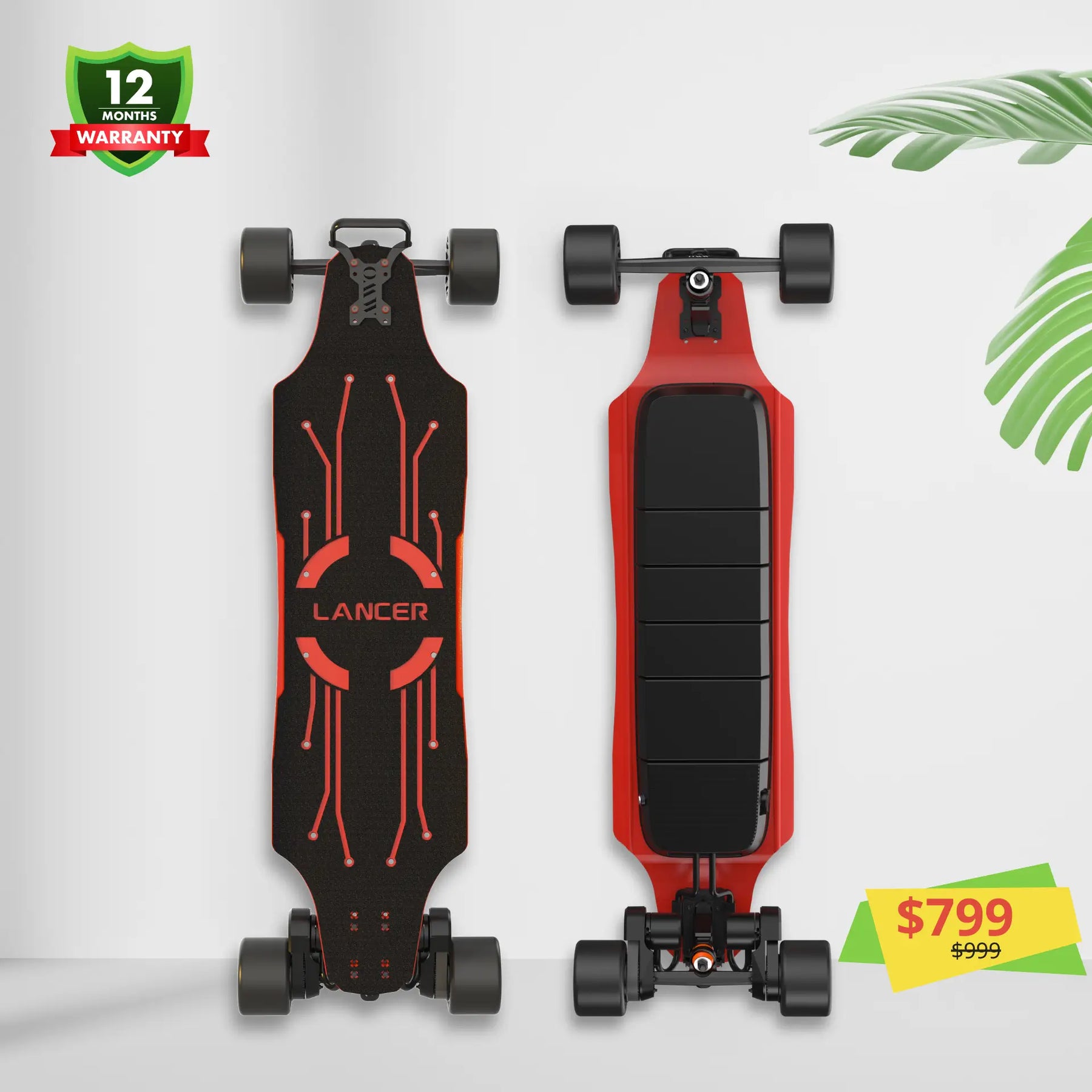 Lancer electric longboard with red deck and 105 Mad Wheelz V2