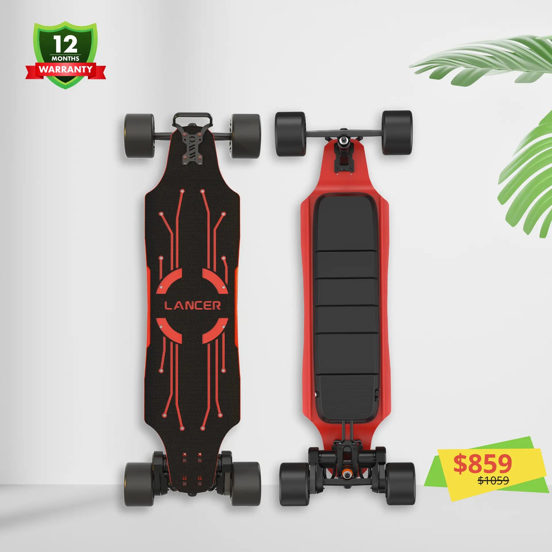 Lancer electric longboard with red deck and 125 Mad Max