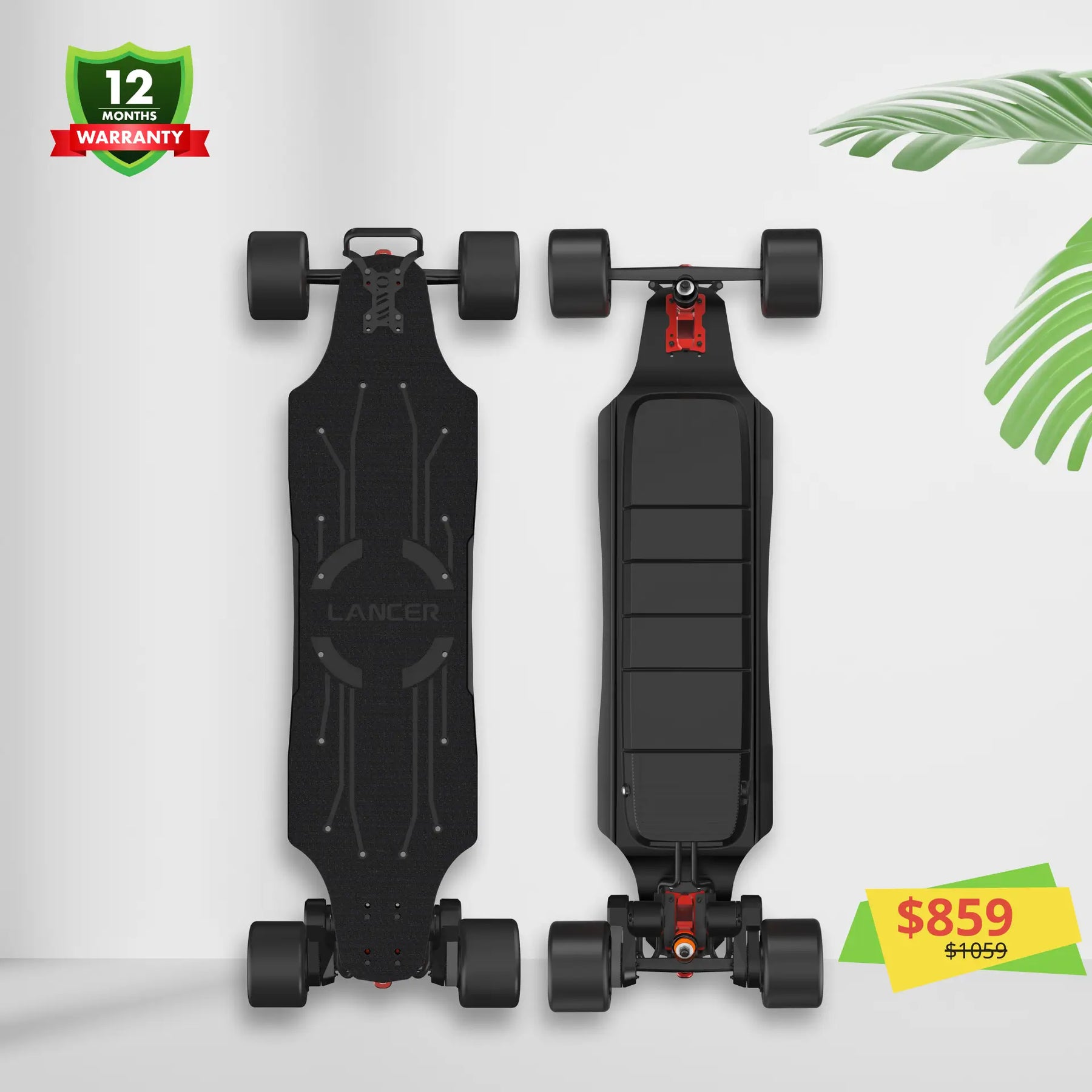 Lancer electric longboard with black deck and 125 Mad Max