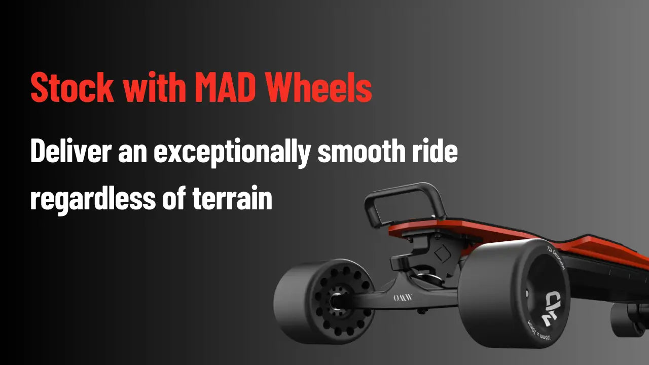 Eskate with MAD Wheels on a dark background with text highlighting smooth ride quality.