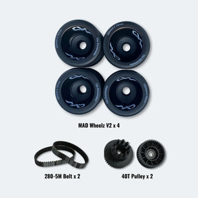Set of 105mm MAD Wheelz V2 wheels, 280-5M belt, and 40T pulley on a white background