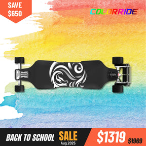 Cavalry electric skateboard with 105mm MAD Wheelz V2 on a colorful watercolor background, featuring a back to school sale