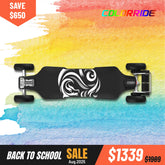 Cavalry electric skateboard with 175mm Pneumatic wheels on a colorful watercolor background, featuring a back to school sale