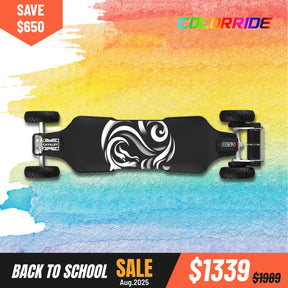 Cavalry electric skateboard with 175mm Pneumatic wheels on a colorful watercolor background, featuring a back to school sale