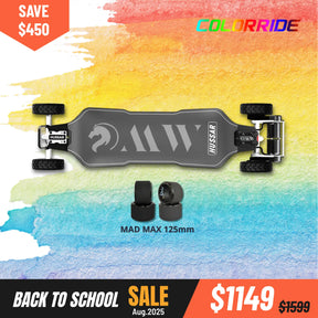 Hussar electric skateboard with 2IN1 (150mm Pneumatic wheels & MAD MAX 125) on a colorful watercolor background, featuring a back to school sale