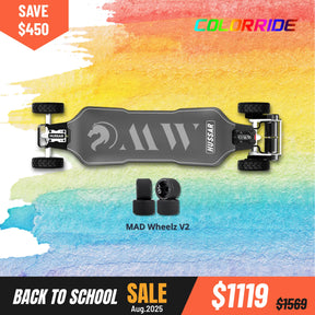 Hussar electric skateboard with 2IN1 (150mm Pneumatic wheels & 105 Mad Wheelz V2 on a colorful watercolor background, featuring a back to school sale