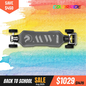 Hussar electric skateboard with 150mm Pneumatic wheels on a colorful watercolor background, featuring a back to school sale