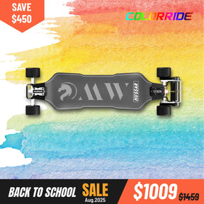 Hussar electric skateboard with 105 Mad Wheelz V2 on a colorful watercolor background, featuring a sale promotion.