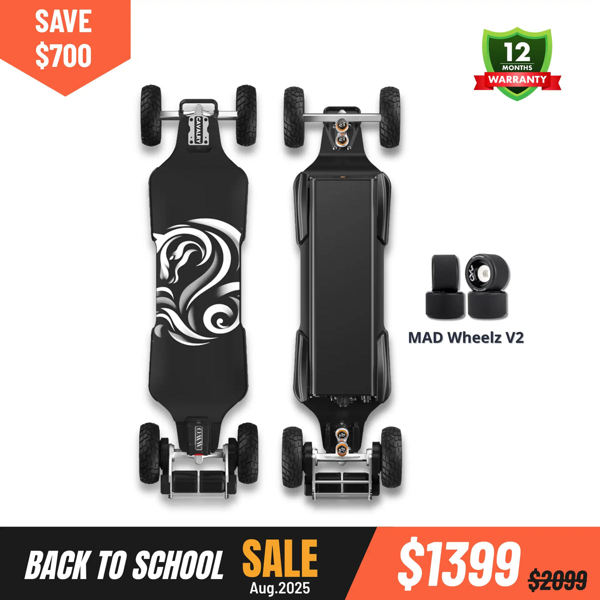 Cavalry AT electric skateboard 2in1 (175 Pneumatic Wheels + 105mm MAD Wheelz V2) featuring back to school sale