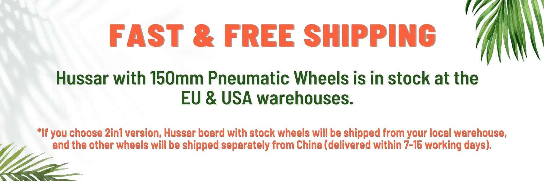Promotional text for OMW Hussar electric skateboard with fast and free shipping details