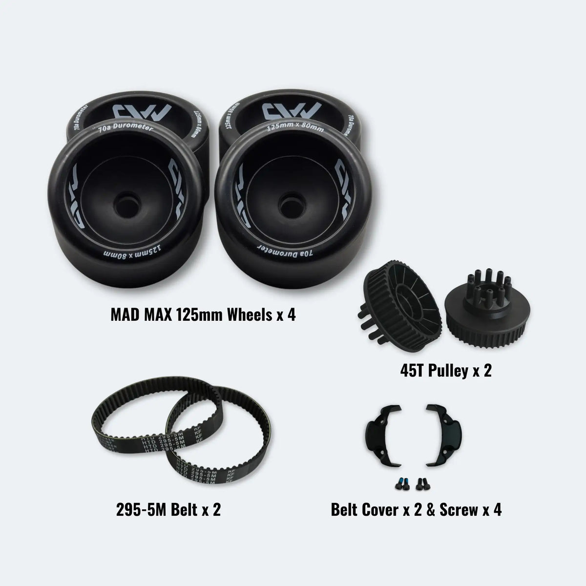 Set of MAD MAX 125mm wheels, 295-5M belts, 45T pulleys and belt covers on a white background