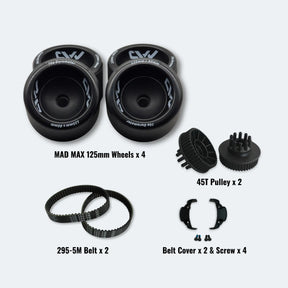 Set of MAD MAX 125mm wheels, 295-5M belts, 45T pulleys and belt covers on a white background