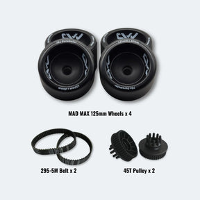 Set of MAD MAX 125mm wheels, 295-5M belt, and 45T pulley on a white background