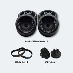 Set of MAD MAX 125mm wheels, 300-5M belt, and 45T pulley on a white background