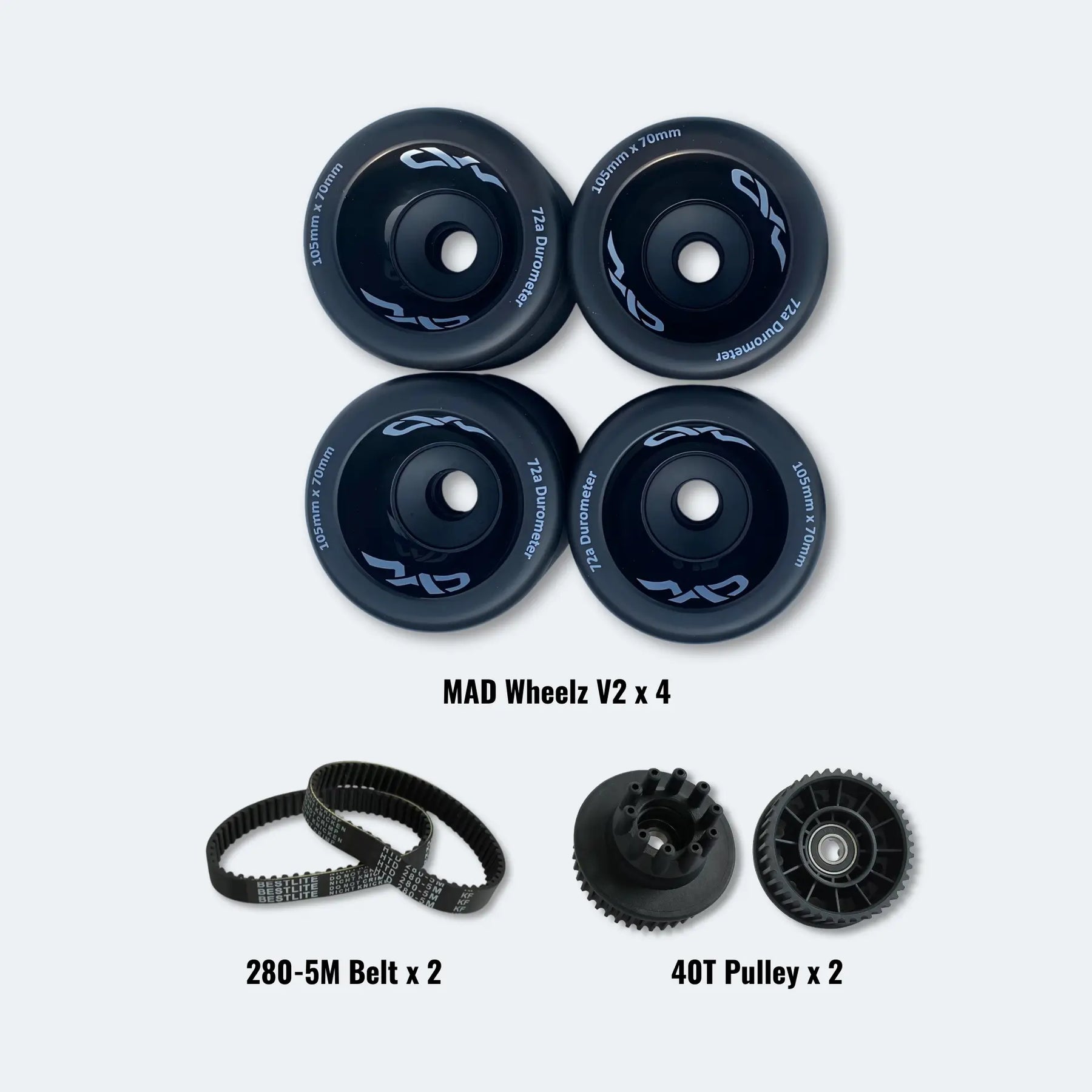 Set of 105mm MAD Wheelz V2 wheels, 280-5M belt, and 40T pulley on a white background