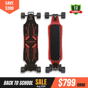 Lancer electric longboard with red deck and 105 Mad Wheelz V2