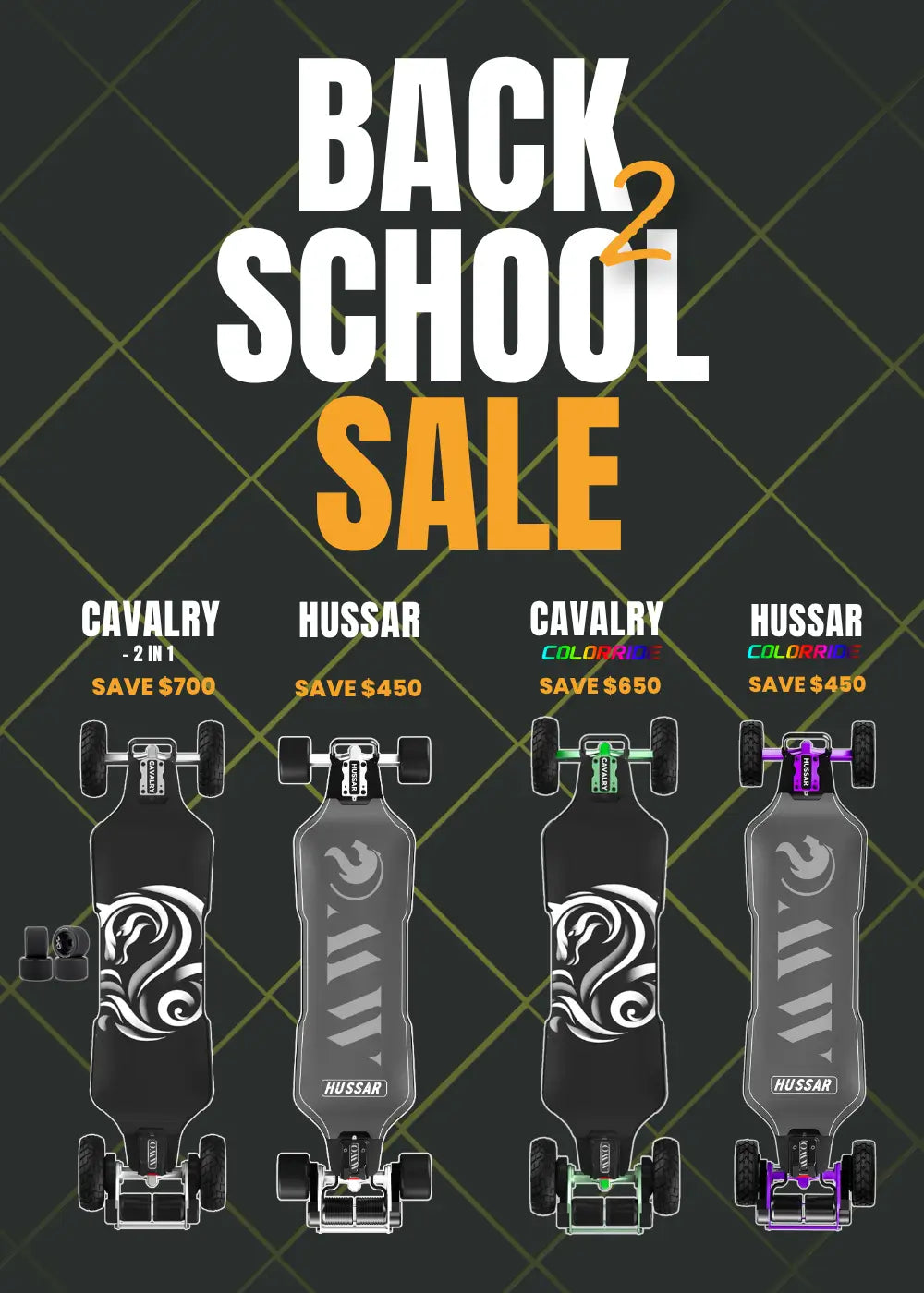 Promotional graphic for a back-to-school sale featuring electric skateboard models Cavalry and Hussar with price savings.