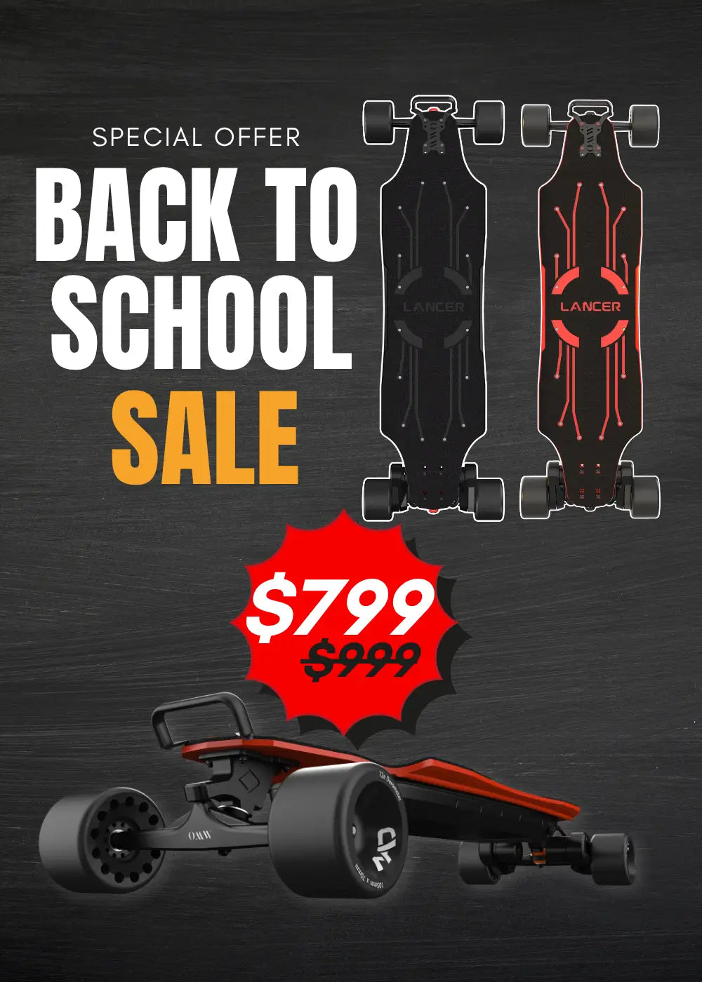 Advertisement for a back-to-school sale with OMW Lancer electric longboards and a price tag on a dark background.