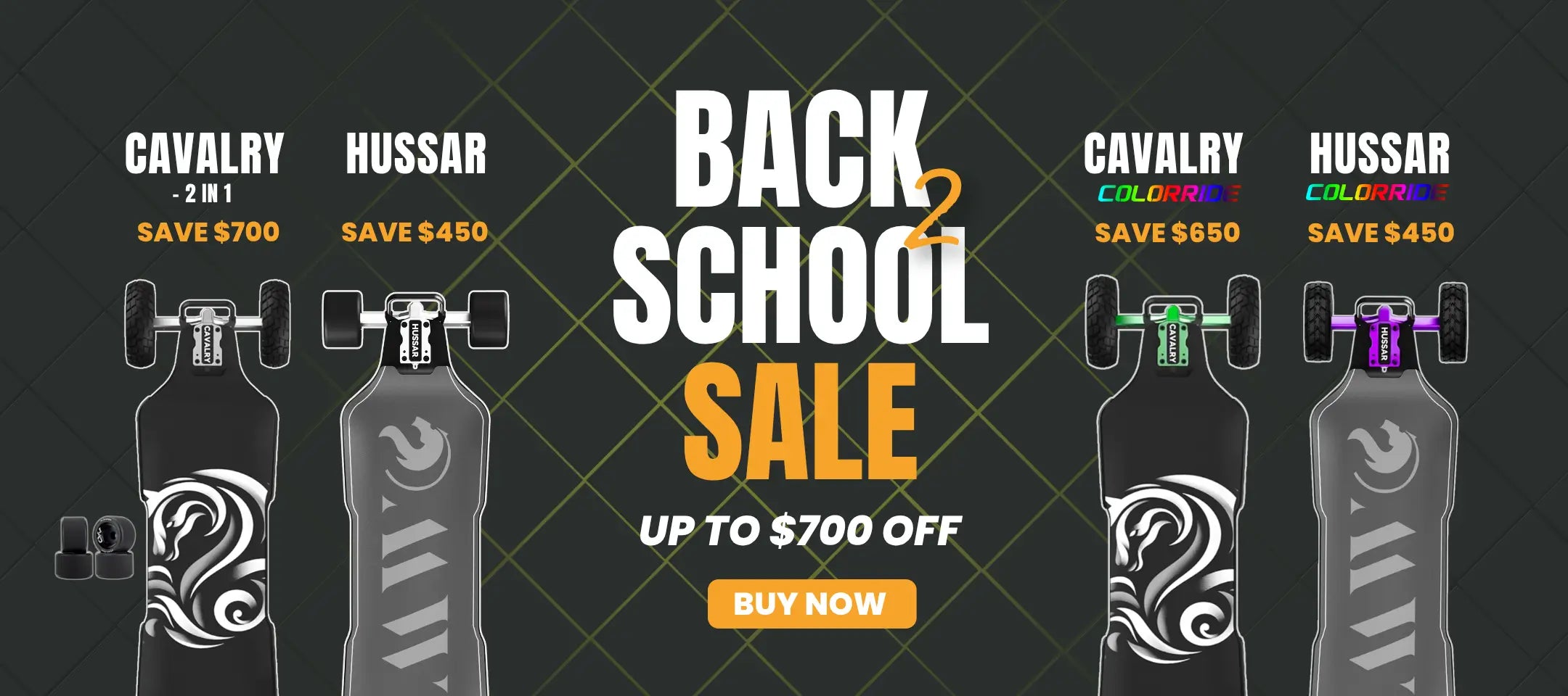 Promotional graphic for a back-to-school sale featuring electric skateboard models Cavalry and Hussar with price savings.