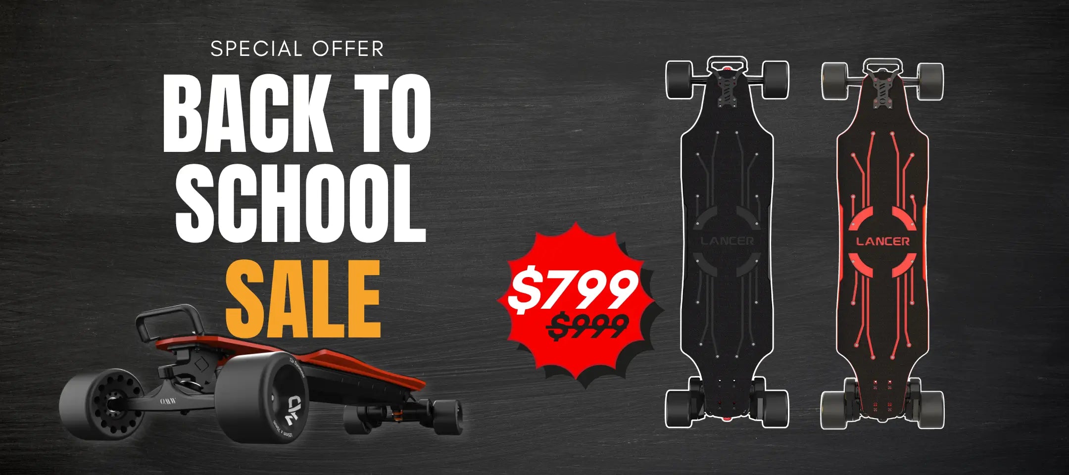 Back-to-school sale advertisement with OMW Lancer electric skateboards and price tag on a dark background