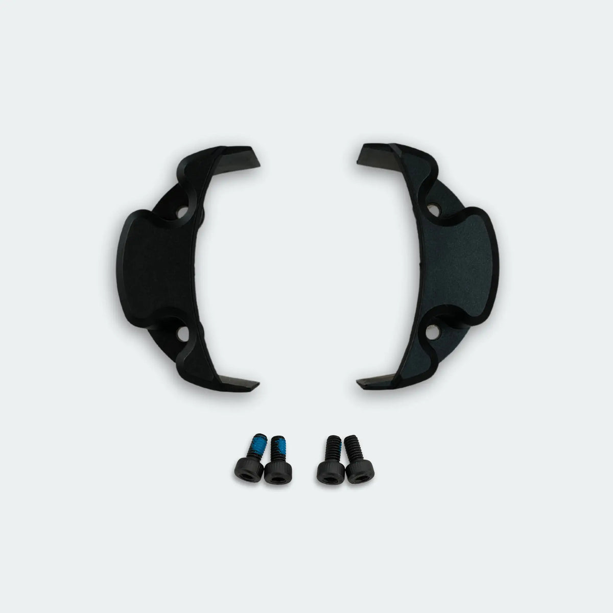 Two black bash guards with screws on a white background