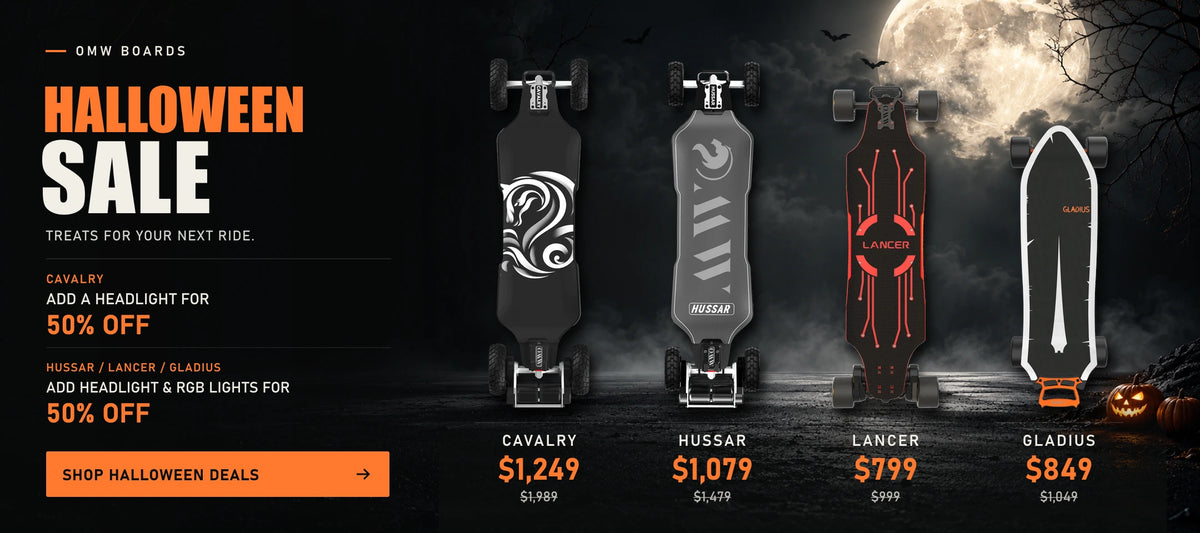 OMW Halloween Sale: Cavalry $1,249, Hussar $1,079, Lancer $799, Gladius $849. Add a Cavalry headlight for 50% off; add headlights and RGB lights for 50% off with Hussar, Lancer or Gladius.